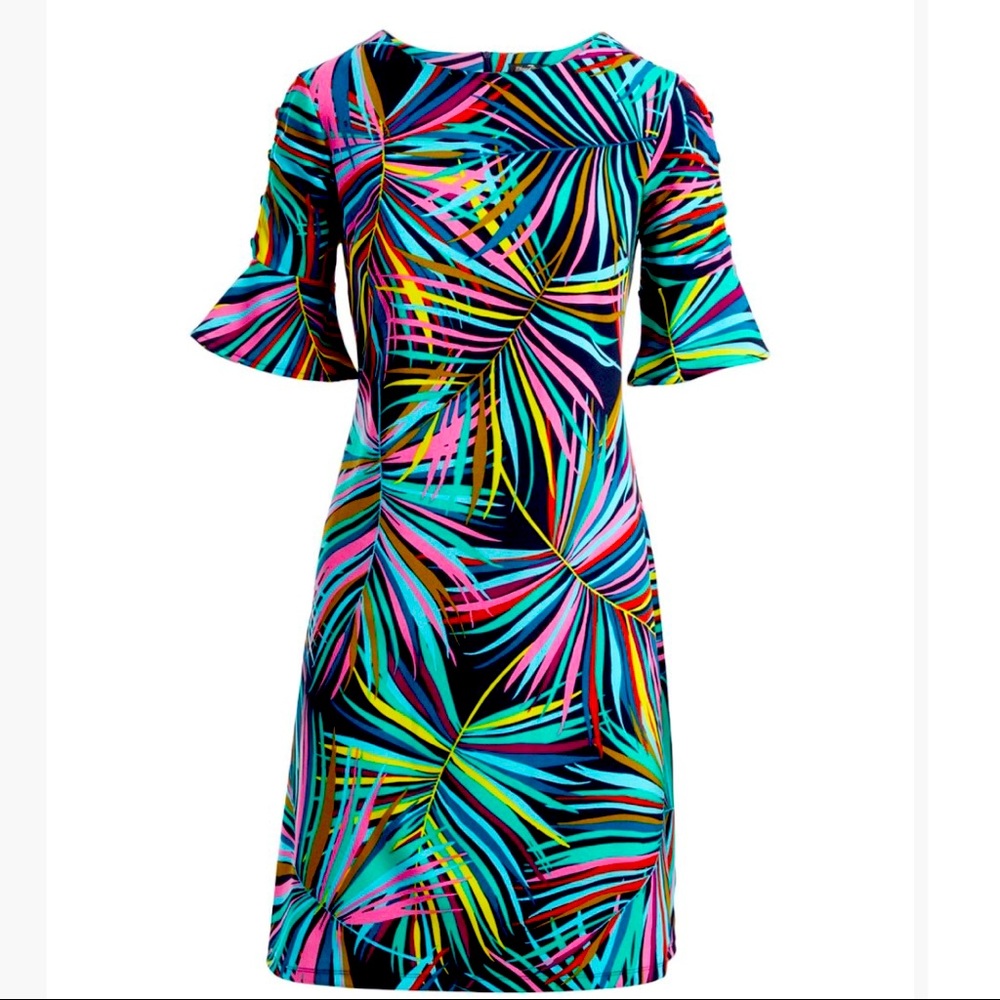 ILE NY Navy & Green Floral Bell Sleeve Sheath Dress